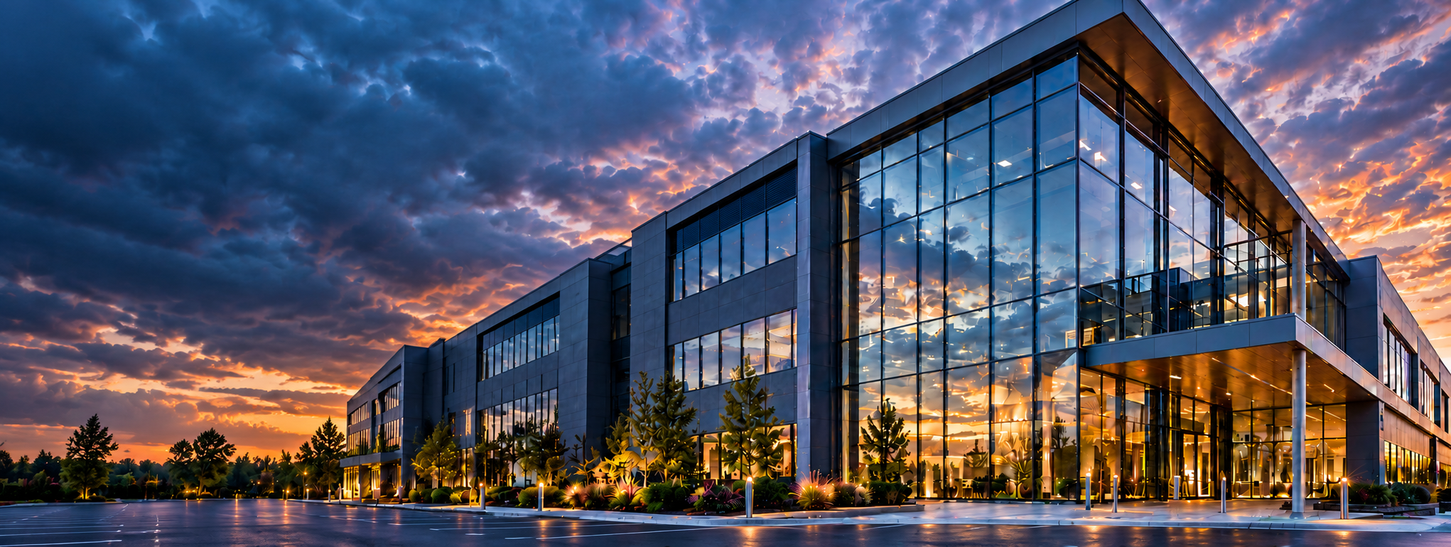 Commercial glass building at dusk
